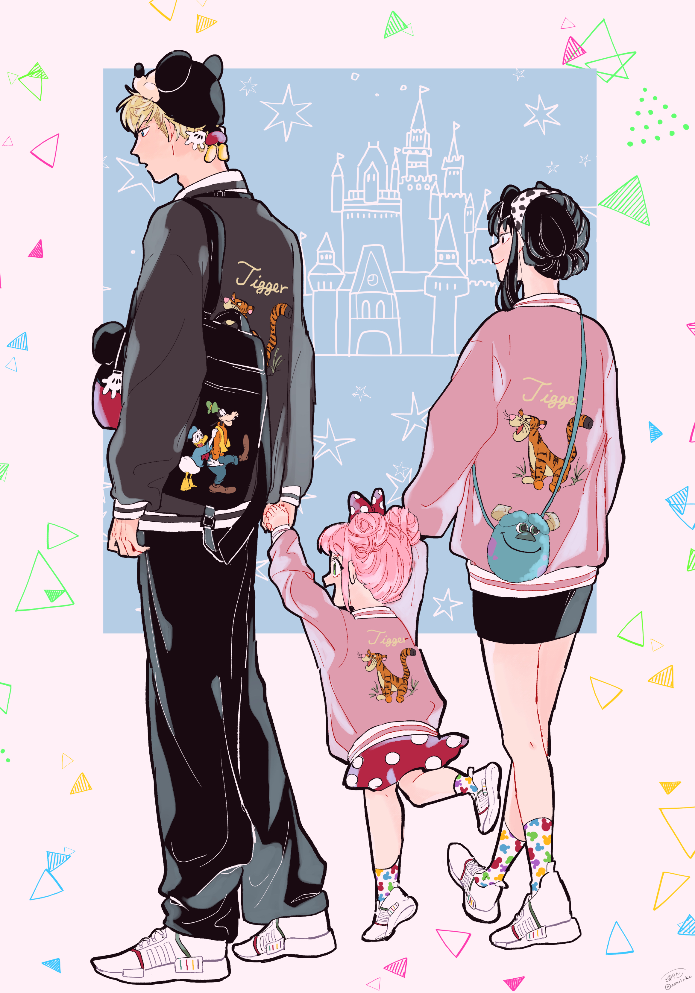 1boy 2girls absurdres animal_print anya_(spy_x_family) arms_at_sides arms_up awarinko backpack bag black_hair black_jacket black_pants black_skirt blonde_hair bow cameo cardigan castle casual character_doll character_name character_print child closed_mouth clothes_writing collared_shirt contemporary disney disneyland donald_duck double_bun family goofy hair_bow hair_bun hair_ornament hairband handbag happy highres holding_hands jacket james_p._sullivan long_hair long_sleeves mickey_mouse mickey_mouse_ears miniskirt minnie_mouse monsters_inc. mouse_hat multiple_girls open_mouth pants pencil_skirt pink_hair pink_jacket polka_dot polka_dot_bow polka_dot_skirt print_socks shirt shoe_soles shoes short_hair sidelocks single_hair_bun skirt smile socks spy_x_family star_(symbol) streetwear themed_object tiger_print tigger triangle twilight_(spy_x_family) updo walking white_shirt white_shoes winnie_the_pooh yor_briar