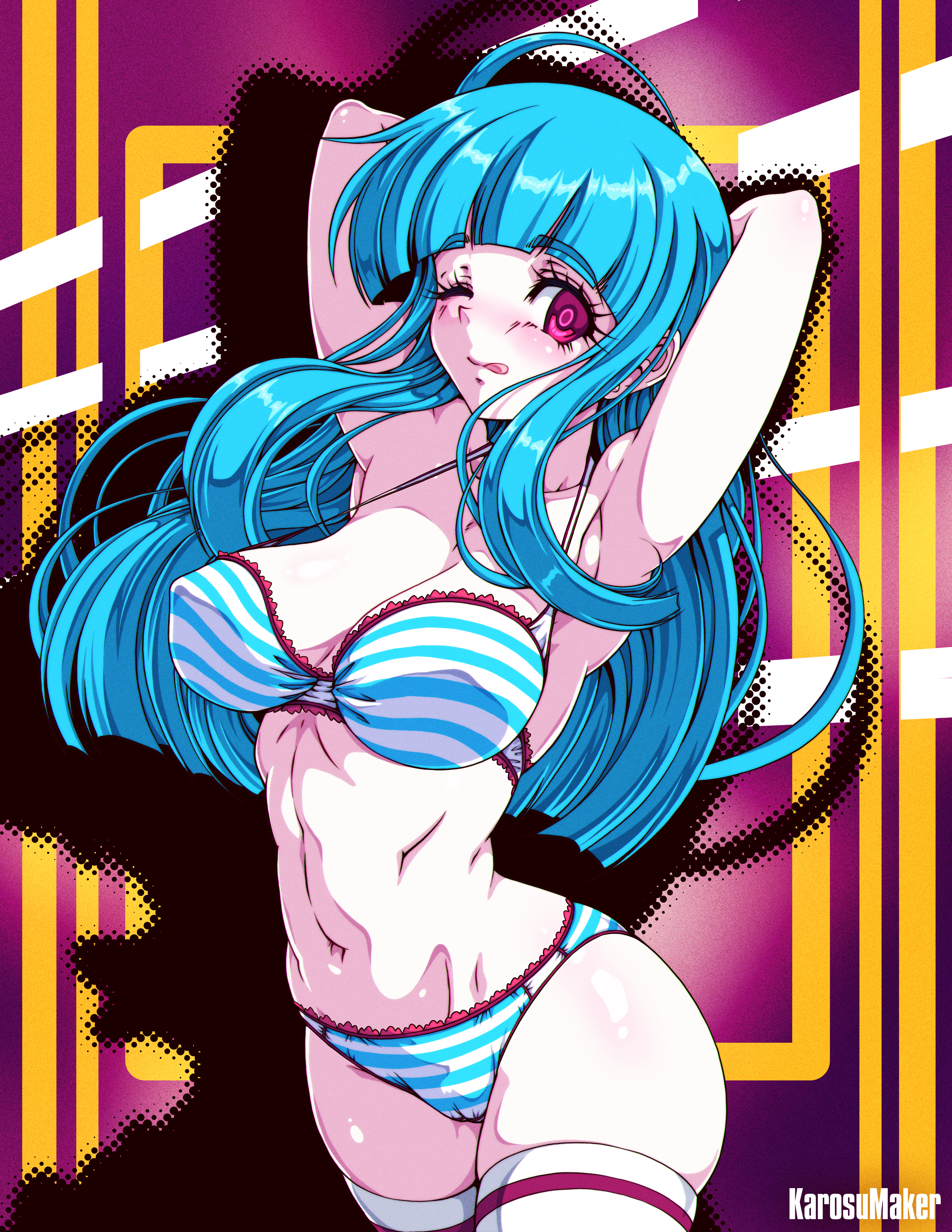 1girl ;q absurdres alternate_color alternate_costume armpits arms_behind_head artist_name blue_bra blue_hair blue_panties blunt_bangs bra breasts commentary commission contemporary cowboy_shot highres hyuuga_hinata karosu_maker large_breasts long_hair looking_at_viewer me!me!me! naruto_(series) navel one_eye_closed paid_reward_available panties purple_background purple_eyes shadow solo standing stomach striped_bra striped_clothes striped_panties thighhighs tongue tongue_out underwear underwear_only white_thighhighs