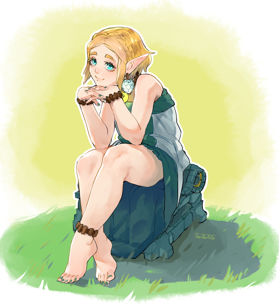 1girl anklet aqua_eyes armpit_crease bare_arms bare_legs bare_shoulders barefoot blonde_hair bracelet braid breasts clothes_lift collar dorsiflexion dress dress_lift earrings elbows_on_knees eyelashes feet female_focus fingernails full_body grass green_nails green_toenails head_tilt heel_up interlocked_fingers jewelry knees leaning_forward legs lips looking_at_viewer medium_breasts medium_hair nail_polish nintendo no_bra official_alternate_costume official_alternate_hair_length official_alternate_hairstyle outdoors own_hands_together parted_bangs pendant pointy_ears princess_zelda sidelocks signature sitting sleeveless smile soles strapless strapless_dress the_legend_of_zelda the_legend_of_zelda:_tears_of_the_kingdom thefarelo thighs toenail_polish toenails tunic white_dress
