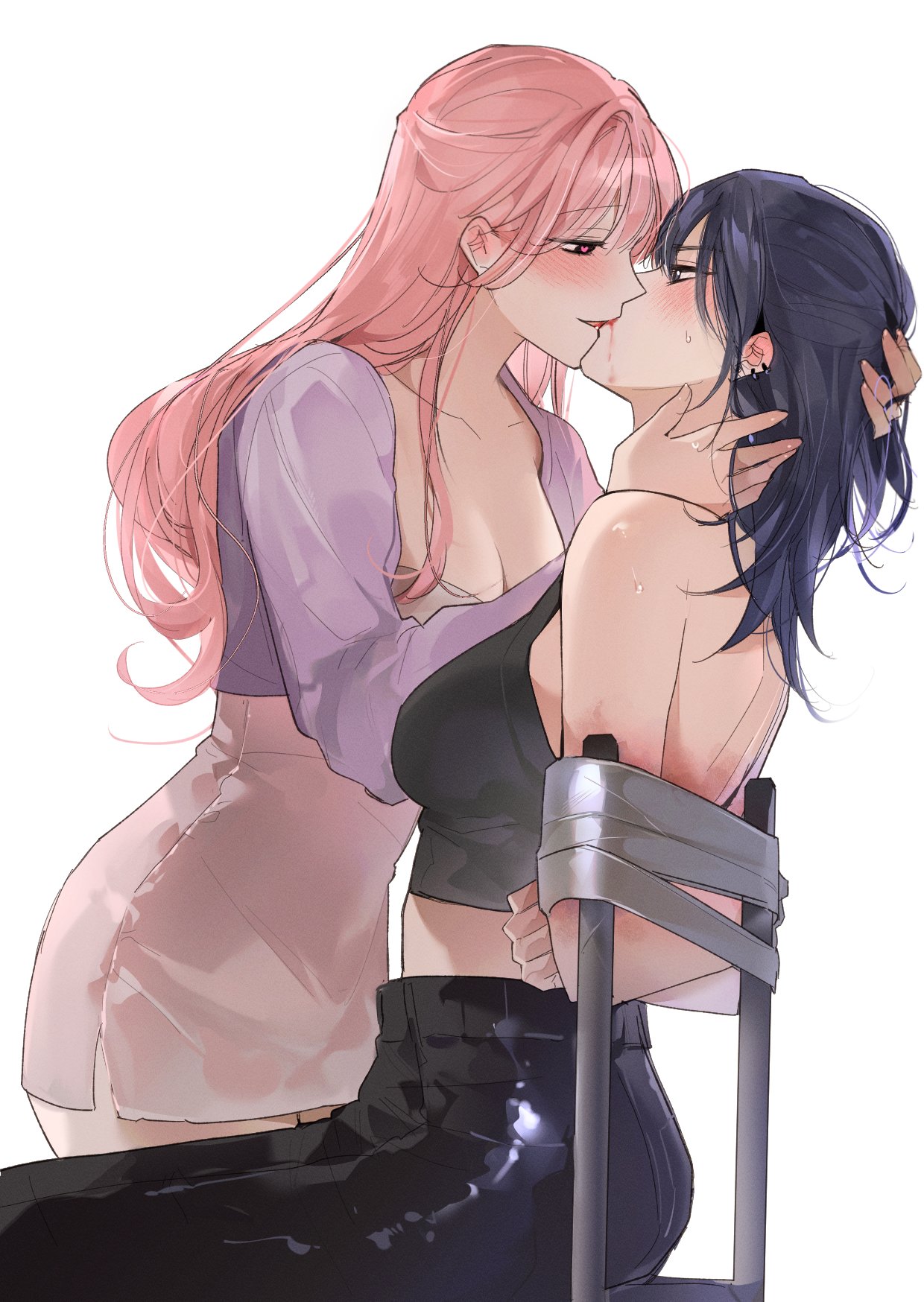 2girls arms_behind_back backless_outfit bdsm black_pants black_tank_top blush bondage bound breasts bruise cleavage commentary crop_top dress duct_tape ear_piercing fresa_pie hand_in_another's_hair heart heart-shaped_pupils highres injury jacket kiss long_hair medium_breasts multiple_girls original pants piercing pink_dress pink_hair pink_pupils purple_hair purple_jacket simple_background sweat symbol-only_commentary symbol-shaped_pupils tank_top white_background yuri