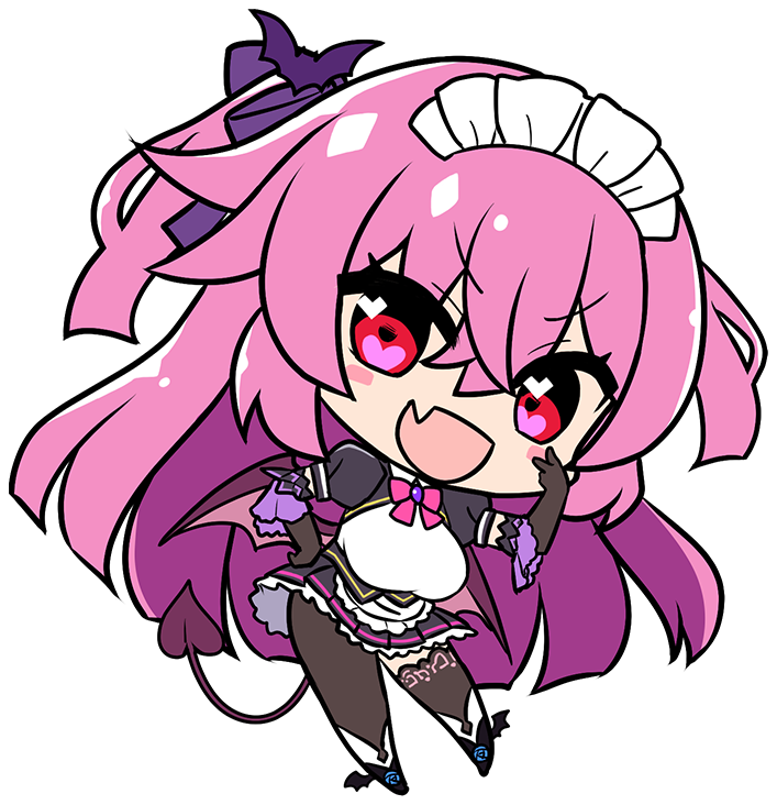1girl apron bat_hair_ornament black_gloves blush bow bowtie breasts chibi chibi_only chuunibyou collar_jewel derauea elbow_gloves fang femme_de_menage_maid_academy_uniform flower footwear_flower game_cg gem gloves hair_ornament hand_on_own_hip heart heart_in_eye large_breasts leaning_forward lixual_hellmare long_hair looking_at_viewer maid maid_apron maid_headdress milk_factory motto!_haramase!_honoo_no_oppai_isekai_oppai_maid_gakuen! non-web_source official_art open_mouth pink_bow pink_bowtie pink_eyes pink_hair puffy_short_sleeves puffy_sleeves purple_brooch purple_gemstone school_uniform short_sleeves single_leg_pantyhose single_thighhigh skin_fang smile solo symbol_in_eye thighhighs transparent_background two_side_up v waist_apron