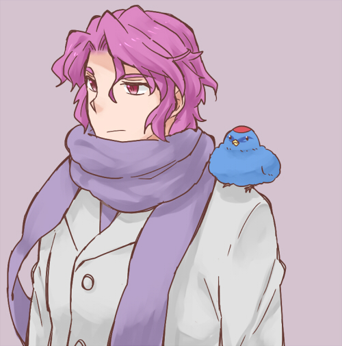 1boy akimoto_(akimomomoto) animal animal_on_shoulder bad_id bad_pixiv_id bird bird_on_shoulder chika_(srw) male_focus purple_background purple_eyes purple_hair scarf shuu_shirakawa super_robot_wars super_robot_wars_the_lord_of_elemental upper_body
