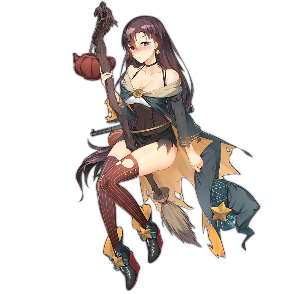 1girl artist_request blush broom broom_riding female_focus full_body girls&#039;_frontline gun halloween hat high_heels integral_suppressor integrally-suppressed_firearm kettle long_hair looking_at_viewer off_shoulder official_alternate_costume official_art purple_eyes purple_hair smile solo submachine_gun suppressor thighhighs torn_clothes torn_thighhighs transparent_background type_64_(girls&#039;_frontline) type_64_(witch_from_afar)_(girls&#039;_frontline) type_64_smg very_long_hair weapon witch witch_hat