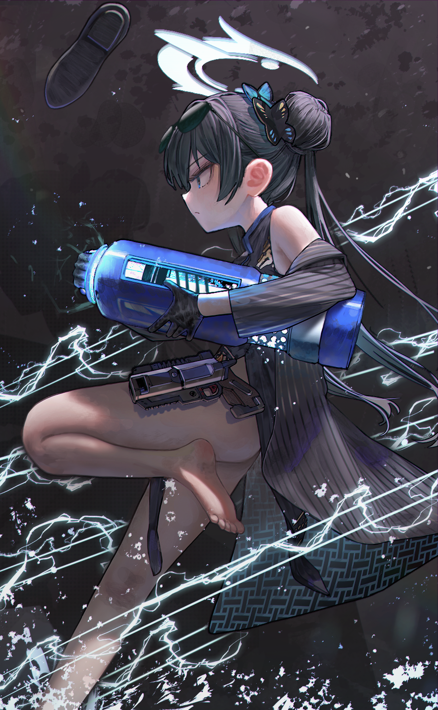 1girl apex_legends b3_wingman barefoot battery black_dress black_gloves black_shoes blue_archive blue_eyes blue_jacket butterfly_hair_ornament commentary double_bun dress electricity eyewear_on_head flat_chest frown gloves gun hair_behind_ear hair_bun hair_ornament halo handgun highres holding illuminae jacket kisaki_(blue_archive) long_hair revolver shoes soles solo symbol-only_commentary twintails unworn_shoes very_long_hair weapon