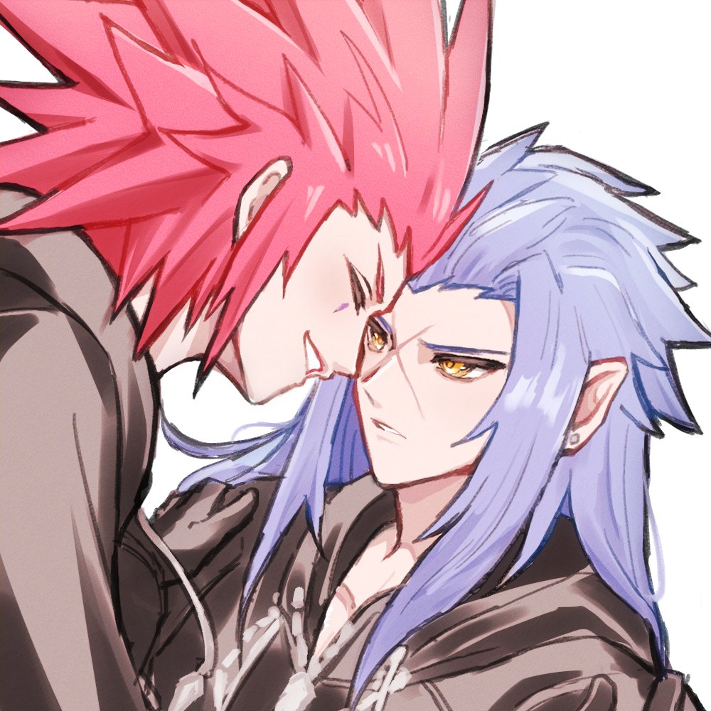 2boys axel_(kingdom_hearts) black_coat black_coat_(kingdom_hearts) black_gloves blue_hair closed_eyes coat commentary ear_piercing facial_mark forehead-to-forehead furrowed_brow gloves grin hair_intakes hair_slicked_back hands_on_another&#039;s_shoulders heads_together hood hood_down hooded_coat kingdom_hearts long_hair long_sleeves male_focus multiple_boys piercing pointy_ears saix smile spiked_hair squidkid528 standing upper_body white_background yaoi yellow_eyes zipper