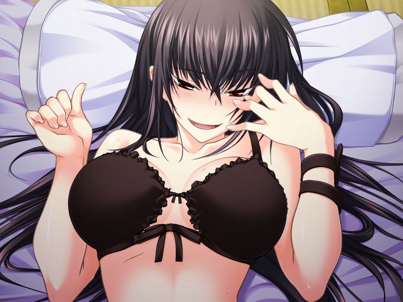 1girl :d black_bra black_ribbon bra breasts cleavage collarbone front-tie_bra futon game_cg grey_hair hair_between_eyes half-closed_eyes kawagishi_keitarou kawakami_momoyo large_breasts long_hair looking_at_viewer lying maji_de_watashi_ni_koi_shinasai! on_back open_mouth pillow red_eyes ribbon smile solo straight_hair tatami underwear upper_body very_long_hair