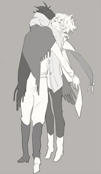 2boys ^_^ arms_around_neck bandaid bandaid_on_cheek bandaid_on_face boots cape cloak closed_eyes fringe_trim from_behind full_body grey_background grin high_heel_boots high_heels hug jacket knee_boots long_sleeves male_focus multiple_boys nezumi_(no.6) no.6 open_clothes open_jacket pants ponytail shion_(no.6) shirt short_hair short_ponytail simple_background sleeves_past_fingers sleeves_past_wrists smile standing suou_(sdurorhr) yaoi