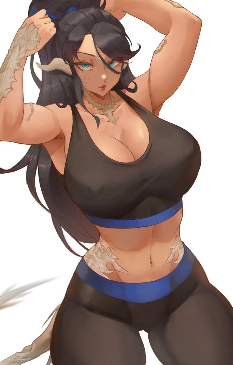 1girl alterlesott black_hair blue_eyes breasts cleavage dragon_horns dragon_tail flexing highres horns huge_breasts large_breasts looking_at_viewer midriff original ponytail scales sportswear tail