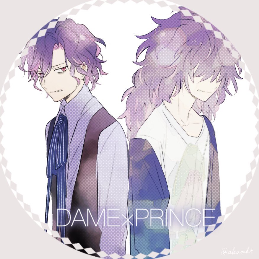 1boy akamakoto bags_under_eyes black_vest collared_shirt copyright_name dame_x_prince grimace hair_between_eyes hair_over_eyes looking_at_viewer male_focus mare_selen_el_phiriazar multiple_views purple_hair red_eyes ribbon shirt striped_ribbon t-shirt upper_body vest white_background white_shirt