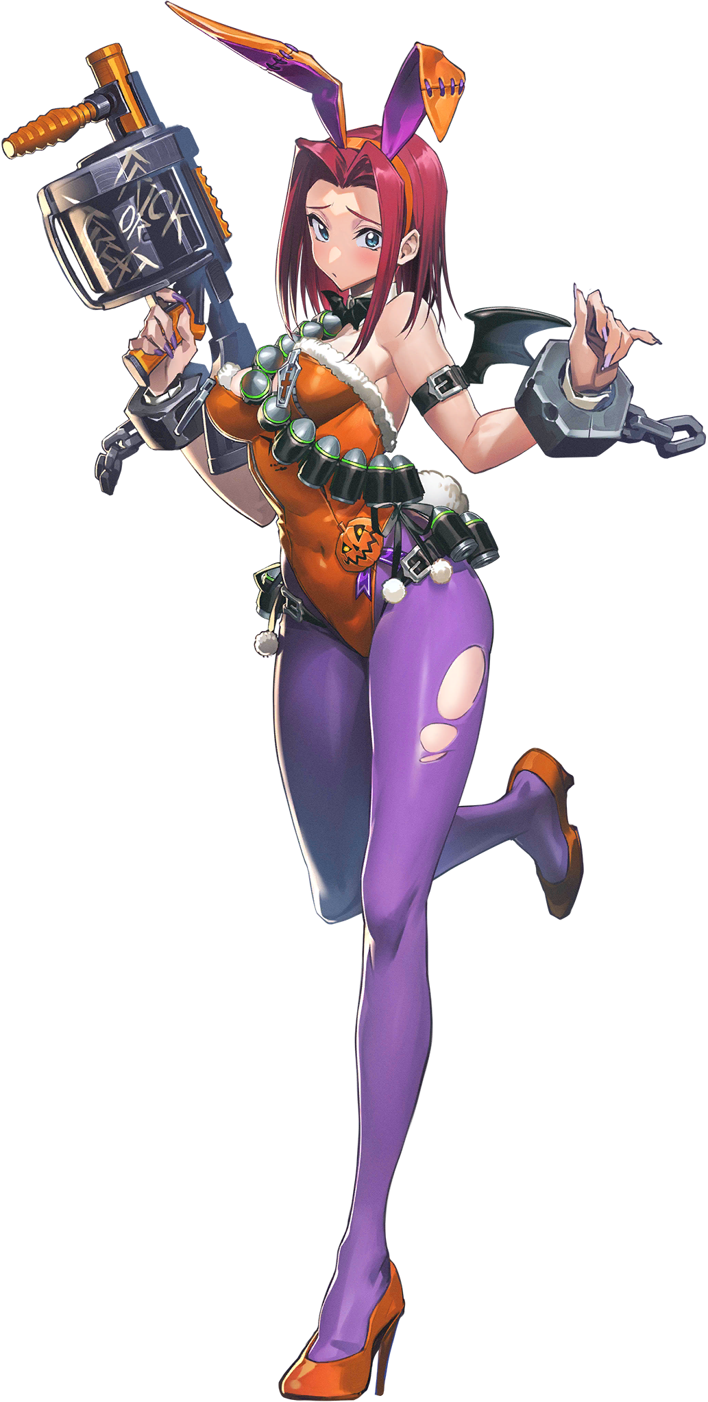 1girl ammunition animal_ears blue_eyes blush bodysuit breasts broken broken_chain chain cleavage code_geass code_geass:_genesic_re;code explosive fake_animal_ears fishnets full_body grenade grenade_cartridge grenade_launcher gun halloween halloween_costume handgun highleg highleg_leotard highres holding holding_gun holding_weapon kouzuki_kallen large_breasts leotard official_art orange_leotard playboy_bunny red_hair restraints revolver_grenade_launcher short_hair simple_background solo standing standing_on_one_leg torn_clothes transparent_background weapon wrist_cuffs