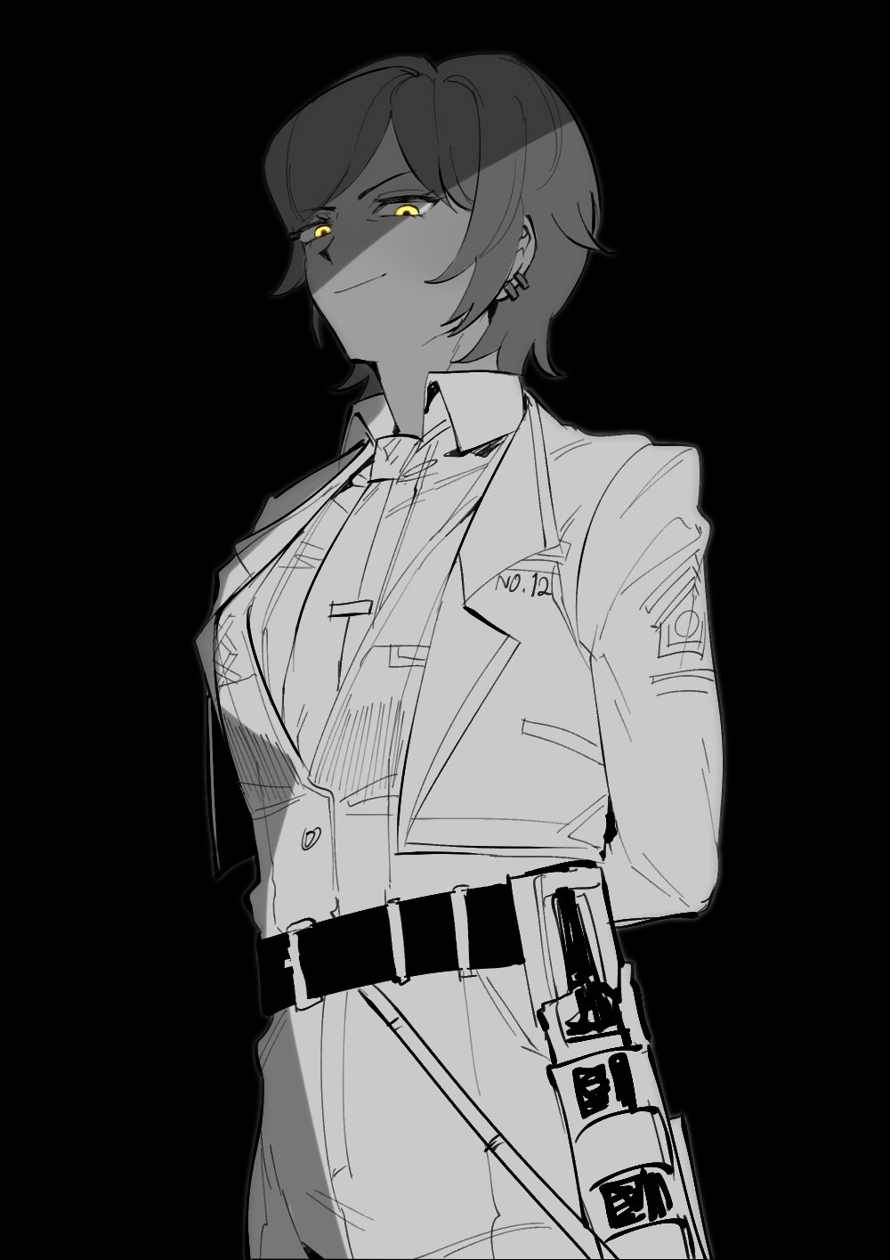 1girl arms_behind_back belt closed_mouth collared_shirt cropped_jacket earrings greyscale gunblade highres jacket jewelry limbus_company long_sleeves looking_at_viewer monochrome nyak_138 outis_(project_moon) pants project_moon shirt short_hair sidelocks smile solo spot_color tie_clip vest weapon yellow_eyes