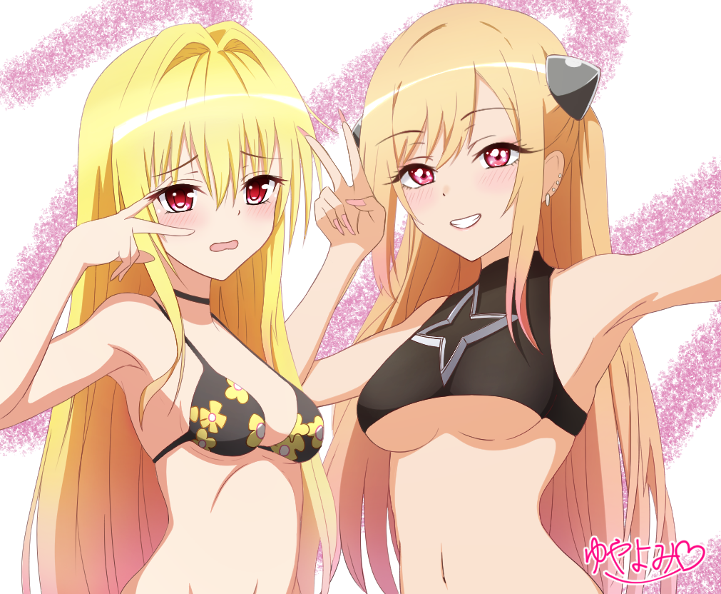 armpits artist_name bare_arms bare_shoulders bikini black_bikini blonde_hair blush breasts commentary cosplay costume_switch ear_piercing fake_nails fingernails floral_print_bikini grin hair_between_eyes hair_intakes hand_up kitagawa_marin kitagawa_marin_(cosplay) konjiki_no_yami konjiki_no_yami_(cosplay) large_breasts long_fingernails long_hair looking_at_viewer medium_breasts nail_polish navel open_mouth piercing pink_nails red_eyes selfie signature simple_background smile sono_bisque_doll_wa_koi_wo_suru swimsuit to_love-ru underboob upper_body v v_over_eye very_long_hair yuyayomi