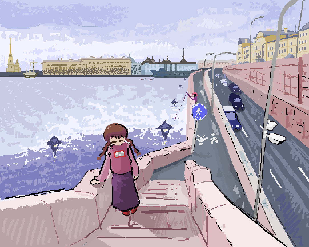 1girl 1other braid brown_hair car church city closed_eyes cloud cloudy_sky cross european_architecture fishing fishing_rod from_above hand_on_railing holding holding_fishing_rod imax_3d jaggy_lines lamppost latin_cross long_hair long_skirt madotsuki motor_vehicle on_stairs outdoors painterly pastel_colors pavement perspective pink_sweater purple_skirt red_shoes reflection reflective_water road scenery shadow ship shoes sidelighting sidewalk skirt sky skyline solo_focus stairs steeple stone_stairs stone_wall street sweater turtleneck turtleneck_sweater twin_braids walking_towards_viewer water watercraft wide_shot yume_nikki