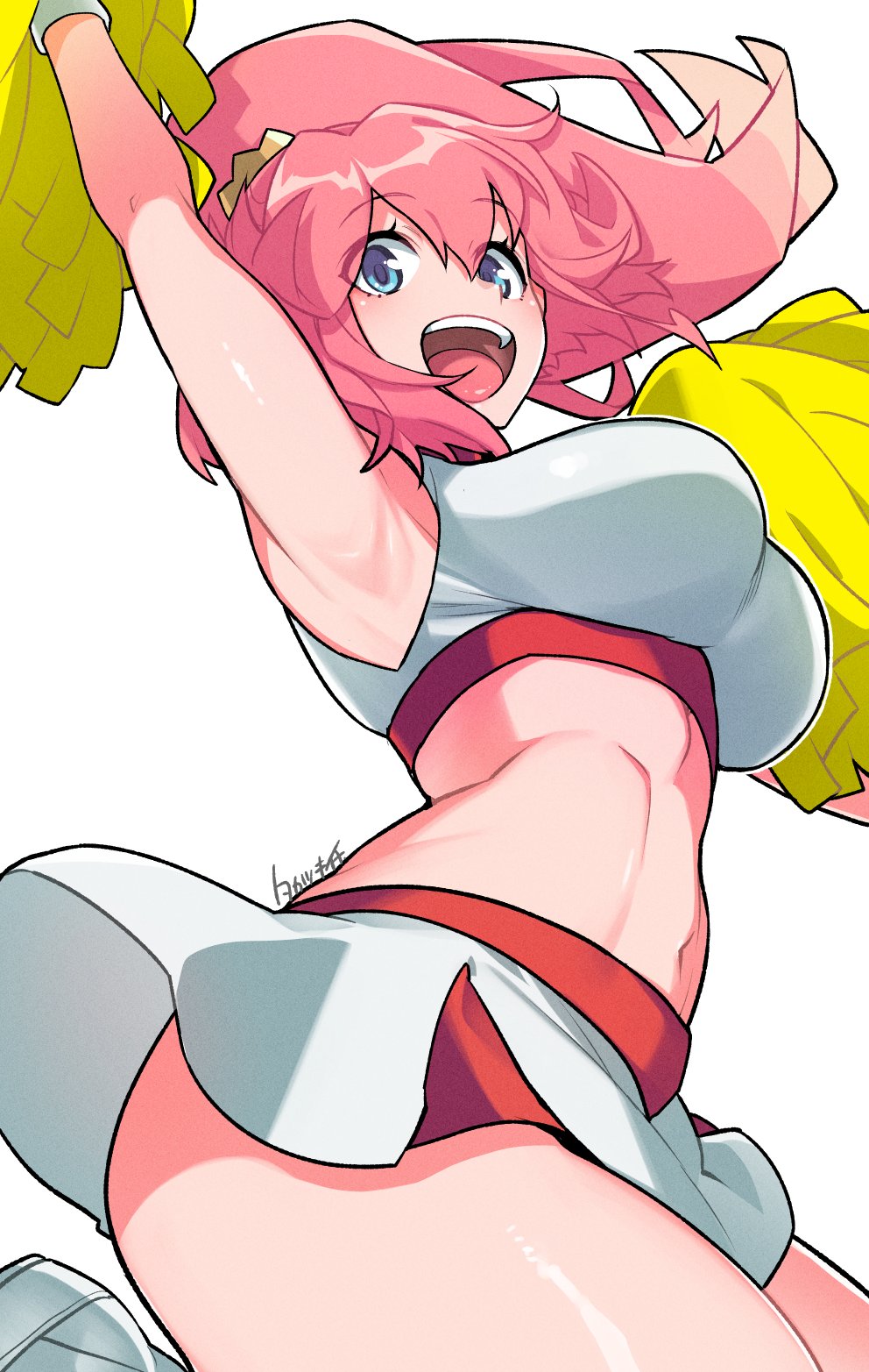 1girl aina_ardebit arm_up armpits blue_eyes breasts cheerleader crop_top floating_clothes floating_hair hair_between_eyes hand_up highres holding holding_pom_poms large_breasts long_hair looking_at_viewer midriff miniskirt navel open_mouth pink_hair pleated_skirt pom_pom_(cheerleading) pom_poms ponytail promare shirt signature simple_background skirt sleeveless sleeveless_shirt smile solo symbol-shaped_pupils takatsuki_ichi teeth tongue upper_teeth_only white_background white_skirt