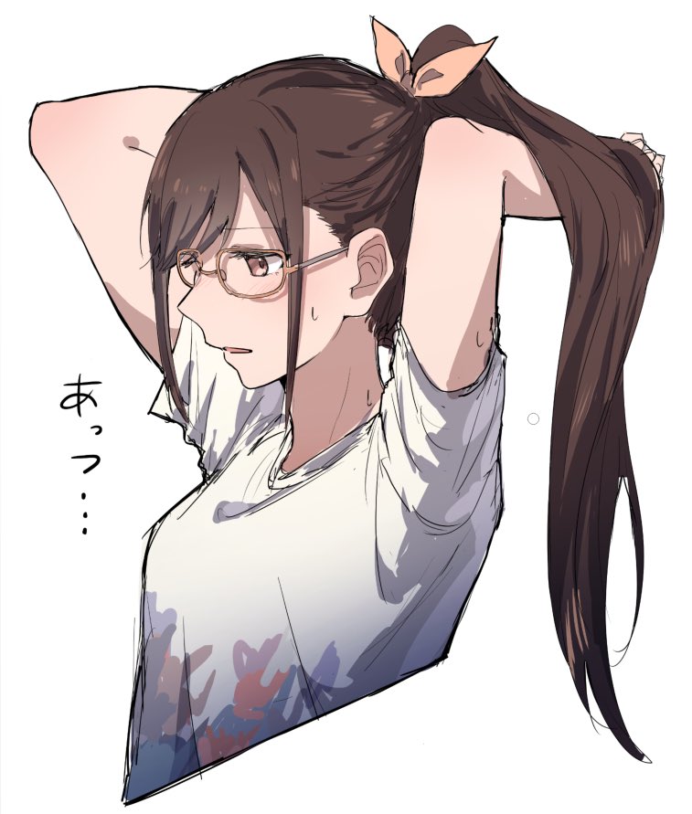 1girl arms_behind_head bare_arms bespectacled bloom_festival_(project_sekai) bow breasts brown_eyes brown_hair commentary_request cropped_torso from_side glasses hair_bow hair_lift high_ponytail kamo_(kraw3887) looking_ahead medium_breasts official_alternate_costume official_alternate_hair_length official_alternate_hairstyle orange_bow parted_lips ponytail project_sekai shinonome_ena shirt short_sleeves sidelocks simple_background solo stretching sweat swept_bangs translation_request white_background white_shirt