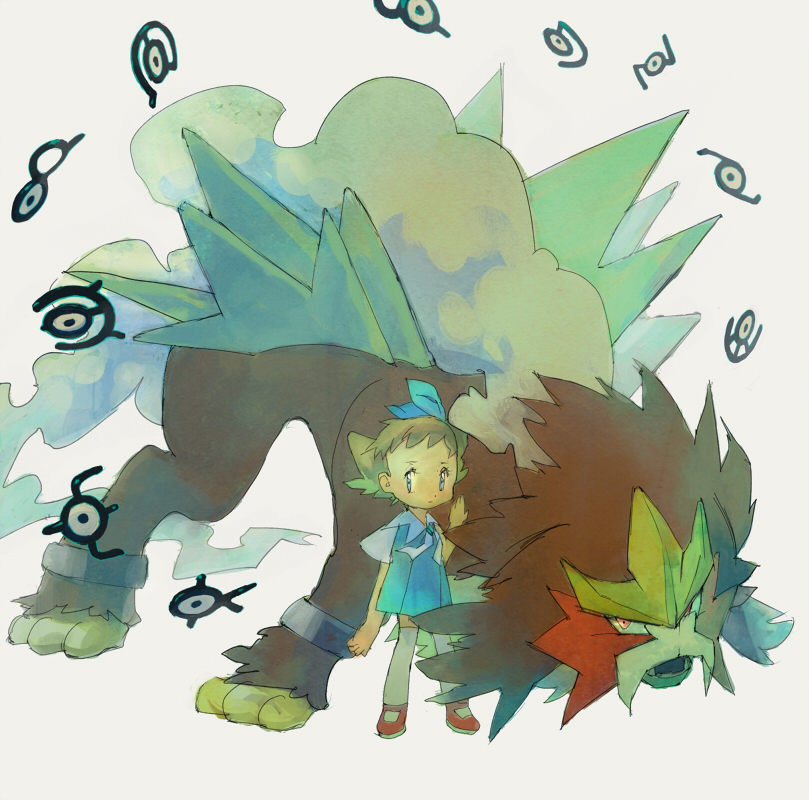 1girl artist_request bad_id bad_pixiv_id bow brown_hair dress entei gen_2_pokemon legendary_pokemon molly_hale nintendo pokemon pokemon_(anime) pokemon_(classic_anime) pokemon_(creature) pokemon_3:_the_movie_-_spell_of_the_unown:_entei short_hair unown unown_c unown_d unown_e unown_j unown_k unown_m unown_n unown_u unown_v unown_z
