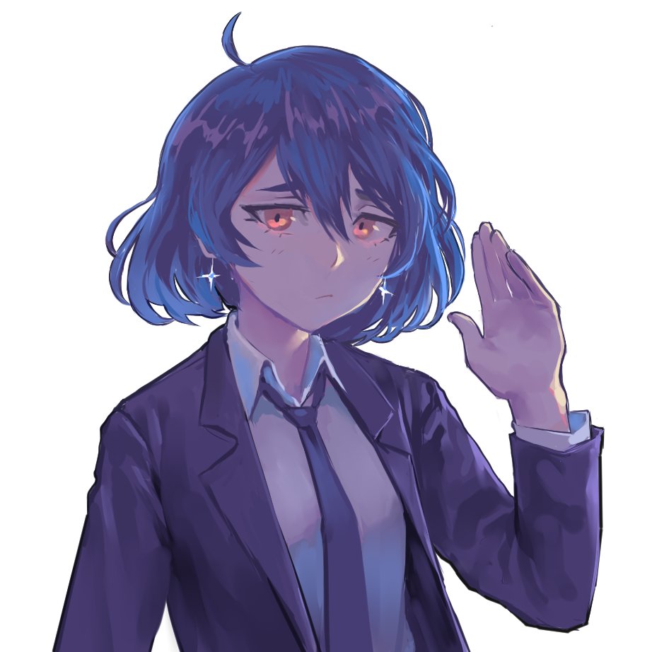 ahoge black_jacket black_necktie black_suit blue_hair borrowed_character breasts collared_shirt commentary double-parted_bangs earrings english_commentary eyebrows_hidden_by_hair formal_clothes furrowed_brow hair_between_eyes half-closed_eyes jacket jewelry light_blush light_frown long_eyelashes long_sleeves looking_at_viewer necktie open_clothes open_jacket orange_eyes original raised_inner_eyebrows shirt short_hair sidelocks simple_background skye_(hcnone) small_breasts suit suit_jacket thick_eyebrows thick_eyelashes upper_body vertigris waving wavy_hair white_background white_shirt yellow_eyes