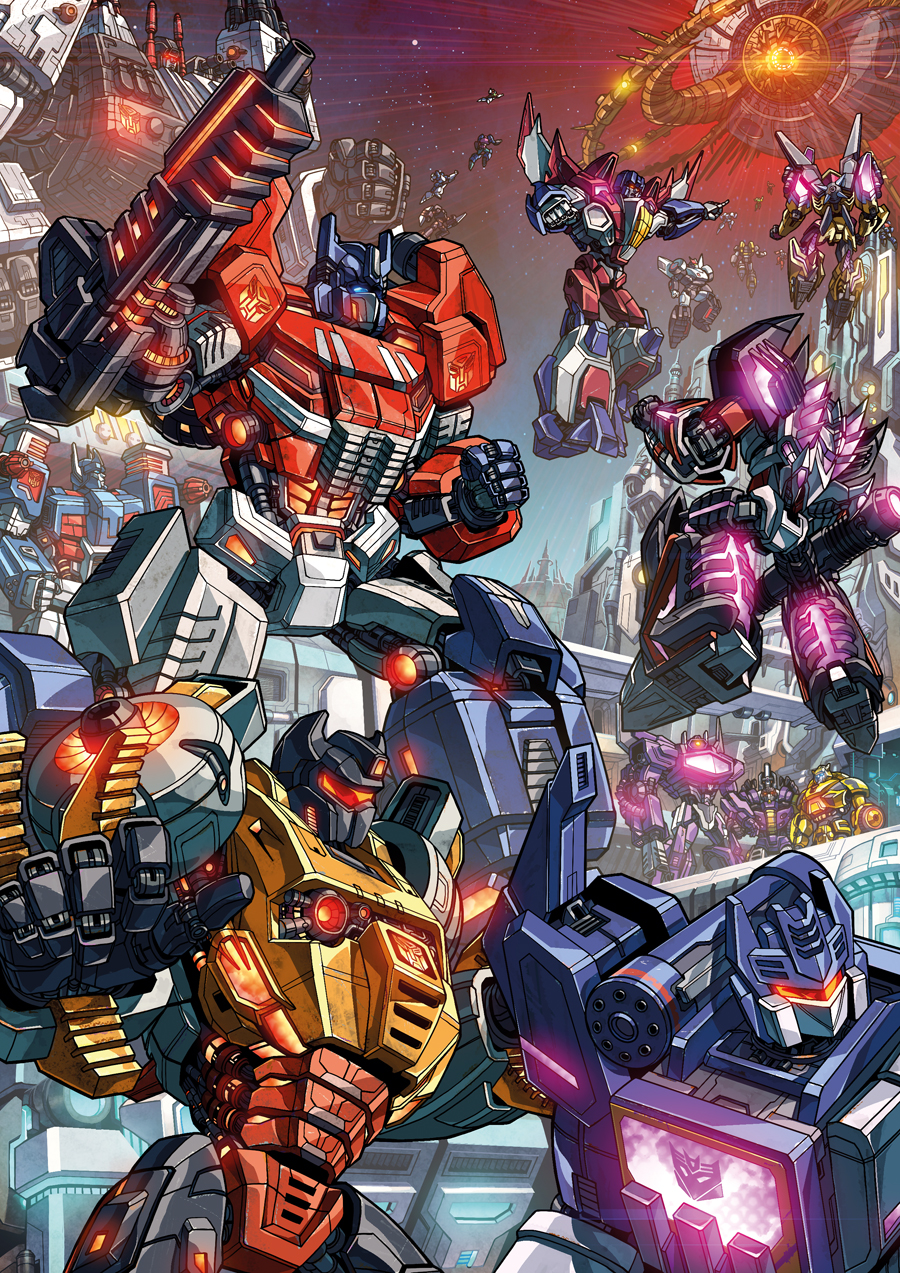 autobot battle building bumblebee cannon city colorized cybertron decepticon dyemooch emblem energy energy_gun epic flying grimlock highres kim_yura_(goddess_mechanic) mecha megatron metroplex optimus_prime planet robot science_fiction shockwave_(transformers) soundwave_(transformers) star_(sky) starscream transformers ultra_magnus unicron weapon