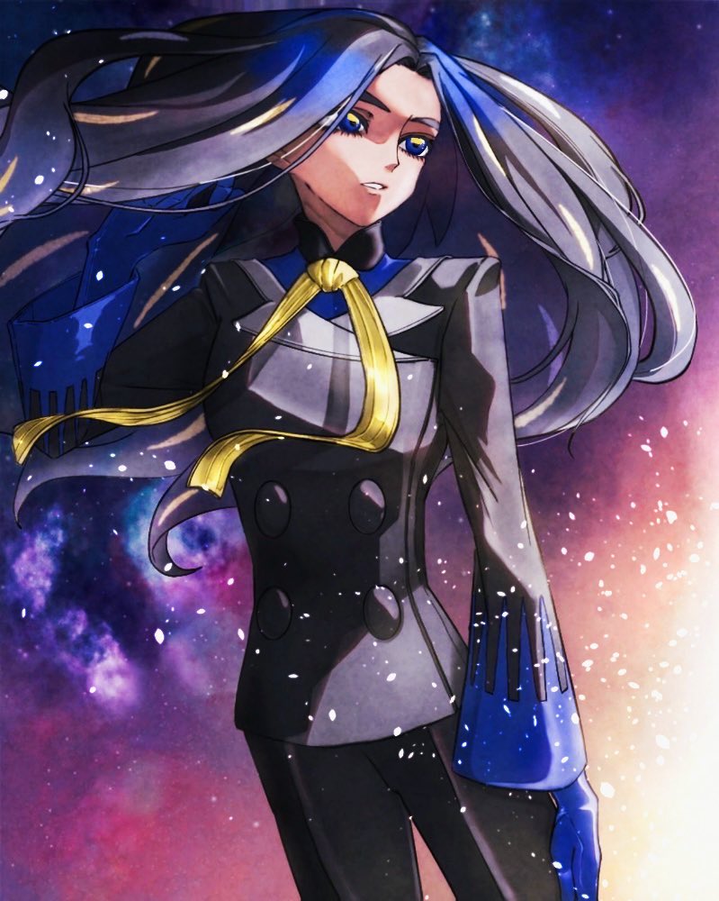 1girl black_hair black_jacket black_pants blue_eyes blue_gloves blue_shirt buttons commentary_request cowboy_shot geeta_(pokemon) gloves hand_up jacket long_hair long_sleeves neck_ribbon nintendo outdoors oysm_tmwrchan pants pokemon pokemon_sv ribbon shirt solo yellow_ribbon