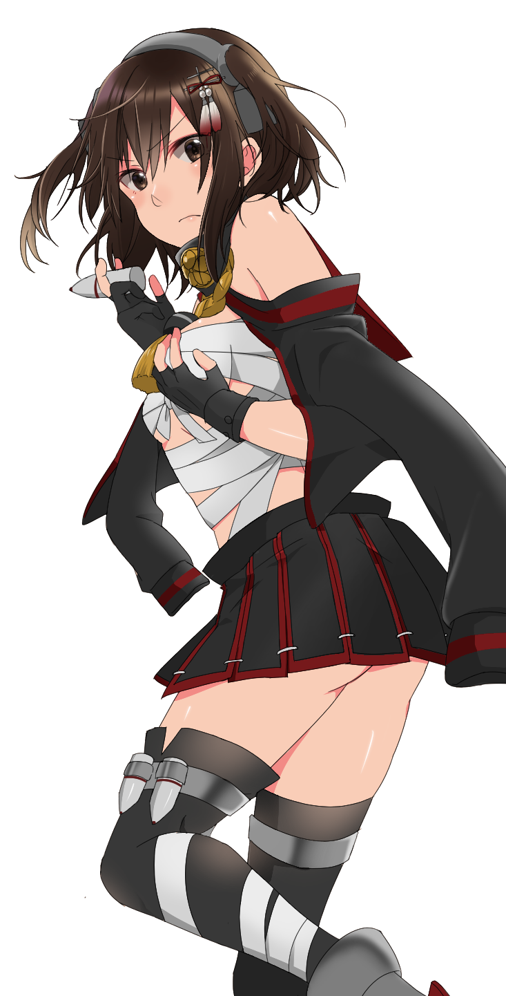 1girl ass black_gloves black_thighhighs breasts brown_eyes brown_hair cosplay embarrassed female_focus fingerless_gloves gloves hair_ornament hairband highres kantai_collection medium_breasts musashi_(kancolle) musashi_(kancolle)_(cosplay) musashi_kai_(kancolle) pleated_skirt rinto_(rint_rnt) sarashi sendai_(kancolle) simple_background skirt solo standing standing_on_one_leg thigh_strap thighhighs two_side_up wavy_mouth white_background