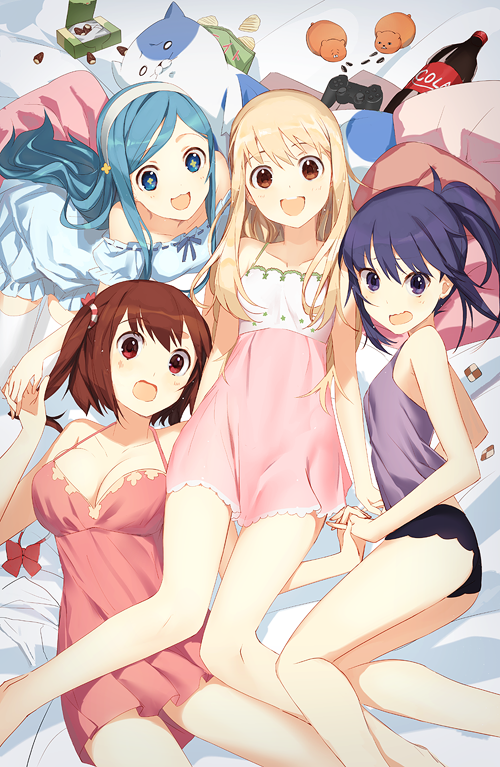 +_+ 10s 4girls :3 :d animal bare_arms bare_legs bare_shoulders blonde_hair blue_eyes blue_hair bottle breasts brown_eyes brown_hair cat checkerboard_cookie chemise chips_(food) cleavage cola controller cookie doma_umaru dress dualshock ebina_nana food game_controller gamepad girl_sandwich hairband hamster himouto!_umaru-chan holding_hands large_breasts long_hair looking_at_viewer motoba_kirie multiple_girls nekoronbusu nightgown on_bed open_mouth panties pillow playstation_controller potato_chips purple_eyes purple_hair ribbon-trimmed_clothes ribbon_trim sandwiched skirt sleeveless sleeveless_dress small_breasts smile soda_bottle symbol-shaped_pupils tachibana_sylphynford takenoko_no_sato thighhighs twintails underwear very_long_hair wavy_mouth weee_(raemz)