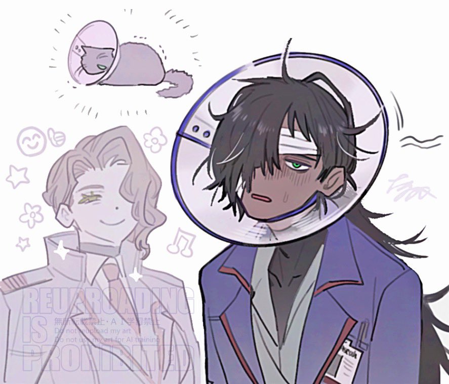 1boy aseah_(project_moon) black_undershirt blue_cape blue_coat brown_hair cape closed_mouth coat collared_shirt green_eyes happy hermann_(project_moon) id_card lapels limbus_company long_hair necktie notched_lapels open_mouth pet_cone project_moon red_necktie shirt smile sweat tama_launcher upper_body white_shirt