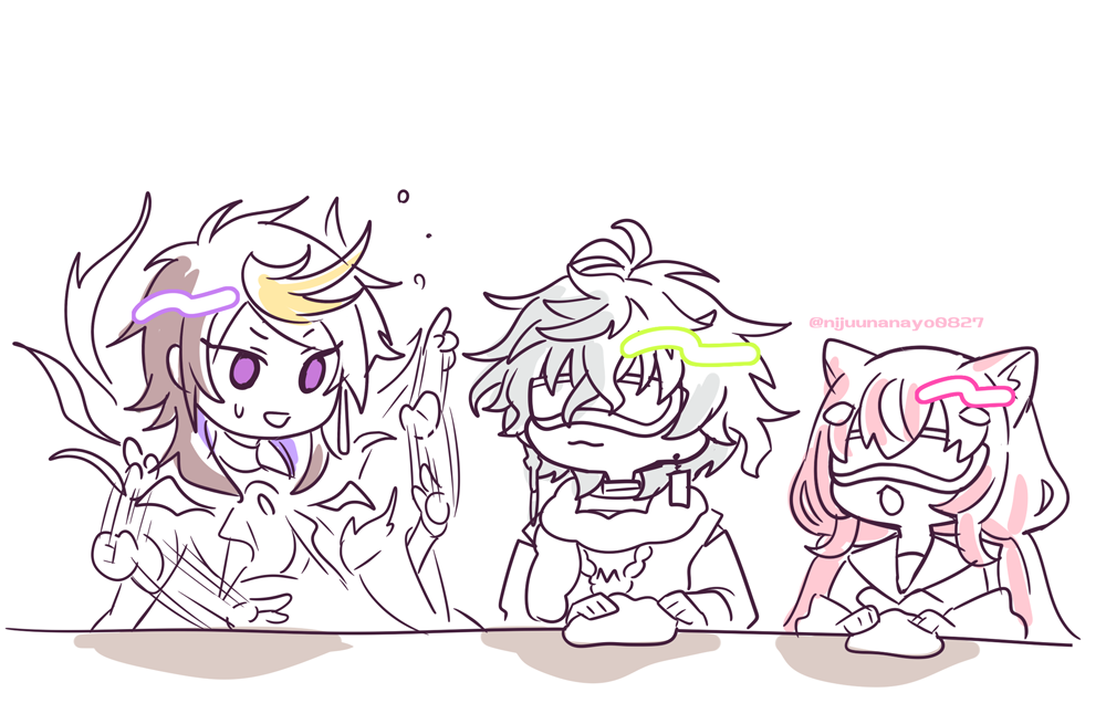 1girl 2boys :d afterimage animal_ear_fluff animal_ears blonde_hair brown_hair cat_ears closed_mouth earrings eye_mask jewelry long_hair multicolored_hair multiple_boys murakumo_kagetsu nijisanji nijisanji_kr ninahachi open_mouth partially_colored pink_hair purple_eyes purple_hair shu_yamino simple_background small_sweatdrop smile sweat swept_bangs twitter_username two-tone_hair upper_body v-shaped_eyebrows virtual_youtuber white_background yang_nari