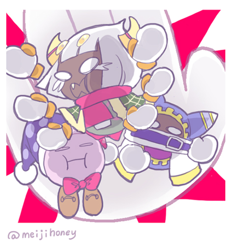 against_fourth_wall cape colored_skin fang gloves green_cape hat horns jester_cap kirby_(series) magolor marx_(kirby) meiji_(meijihoney) nintendo no_humans pom_pom_(clothes) purple_skin rayman_limbs red_scarf scarf shirt taranza white_gloves white_shirt
