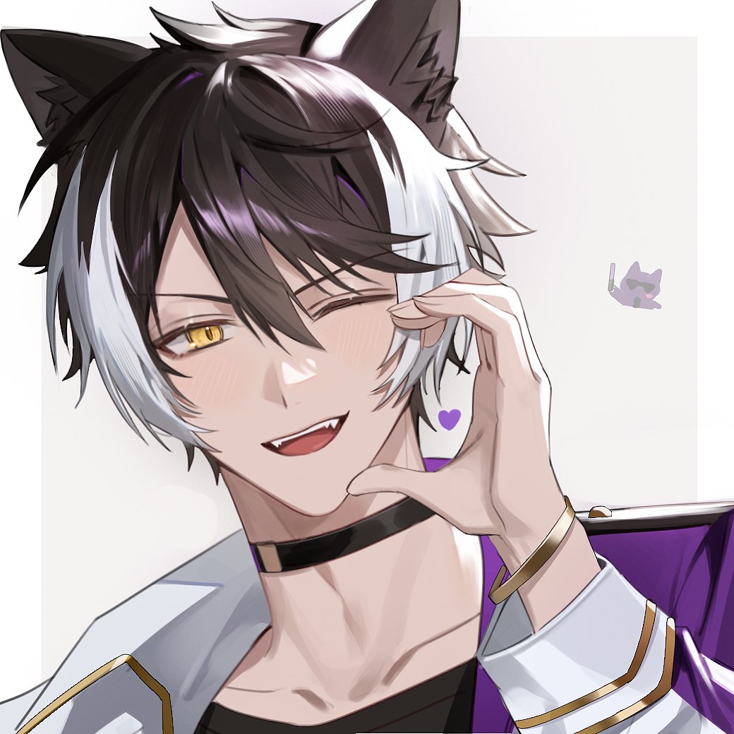 1boy animal_ears black_choker black_hair black_shirt chap_yun choker collarbone commentary english_commentary fangs hair_between_eyes heart holostars jackal_boy jackal_ears jacket kageyama_shien long_sleeves looking_at_viewer male_focus multicolored_hair nekoyama_shien one_eye_closed portrait shirt short_hair slit_pupils smile solo streaked_hair two-tone_hair virtual_youtuber white_background white_hair yellow_eyes
