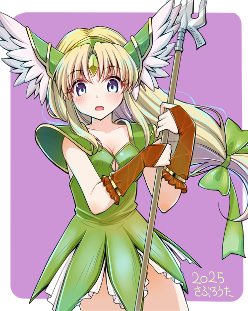 1girl blush border breasts bridal_gauntlets cleavage dated dress forehead_jewel gem green_dress green_gemstone helmet holding holding_polearm holding_weapon long_hair looking_at_viewer low-tied_long_hair open_mouth outside_border polearm purple_background riesz saburouta_(hox-666) seiken_densetsu seiken_densetsu_3 shoulder_pads signature simple_background solo weapon white_border winged_helmet