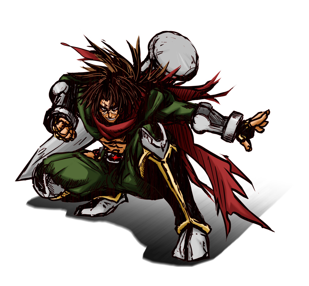 1boy arc_system_works blazblue cross_scar male_focus nail_(hardware) ninja scar scarf shishigami_bang solo tansan_otoko white_background