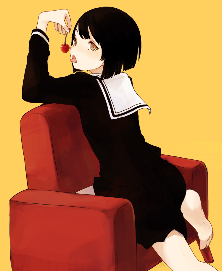 1girl armchair barefoot black_hair black_serafuku black_shirt black_skirt bob_cut brown_eyes chair cherry commentary_request food fruit haruhito_(divineshalt) holding holding_food holding_fruit looking_at_viewer original sailor_collar school_uniform serafuku shirt short_hair simple_background skirt soles solo tareme tongue tongue_out white_sailor_collar yellow_background