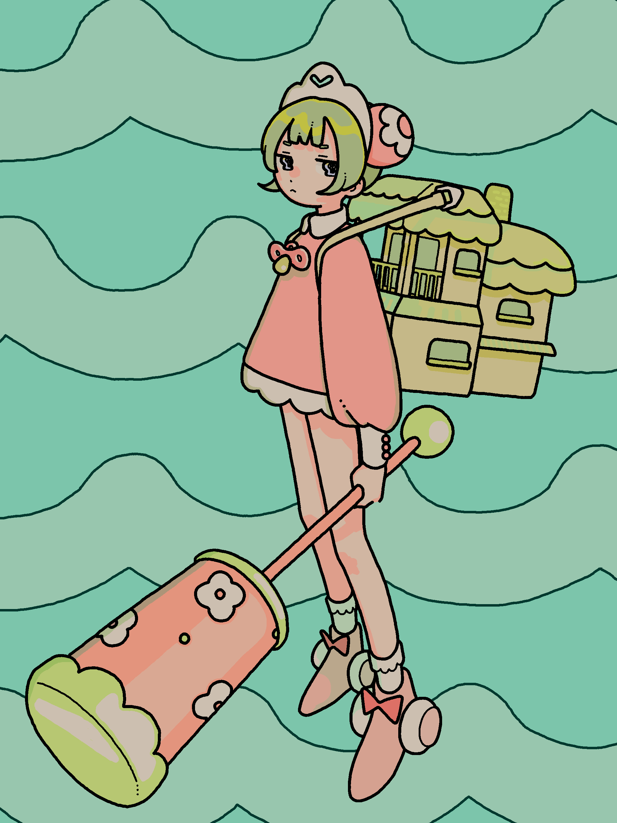 1girl :&lt; absurdres bare_legs blue_eyes commentary doll_house green_background green_hair highres holding holding_weapon house original pacifier pink_shirt pink_shoes roller_shoes shirt shoes short_hair shuujuu_misobata simple_background socks solo symbol-only_commentary weapon white_headwear white_socks