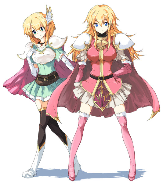 2girls aqua_dress aqua_eyes armor belt black_choker black_thighhighs blonde_hair blue_eyes boots breastplate breasts choker commentary_request dress echizen_(hvcv) elbow_gloves fire_emblem fire_emblem:_genealogy_of_the_holy_war full_body gloves grey_skirt hair_ornament hand_on_own_hip lachesis_(fire_emblem) long_hair looking_at_viewer medium_breasts miniskirt mother_and_daughter multiple_girls nanna_(fire_emblem) nintendo pauldrons pink_footwear pink_gloves pink_shirt pleated_dress pleated_skirt shirt short_dress short_hair short_sleeves shoulder_armor simple_background skirt smile thigh_boots thighhighs third-party_source white_background white_footwear white_gloves wing_hair_ornament