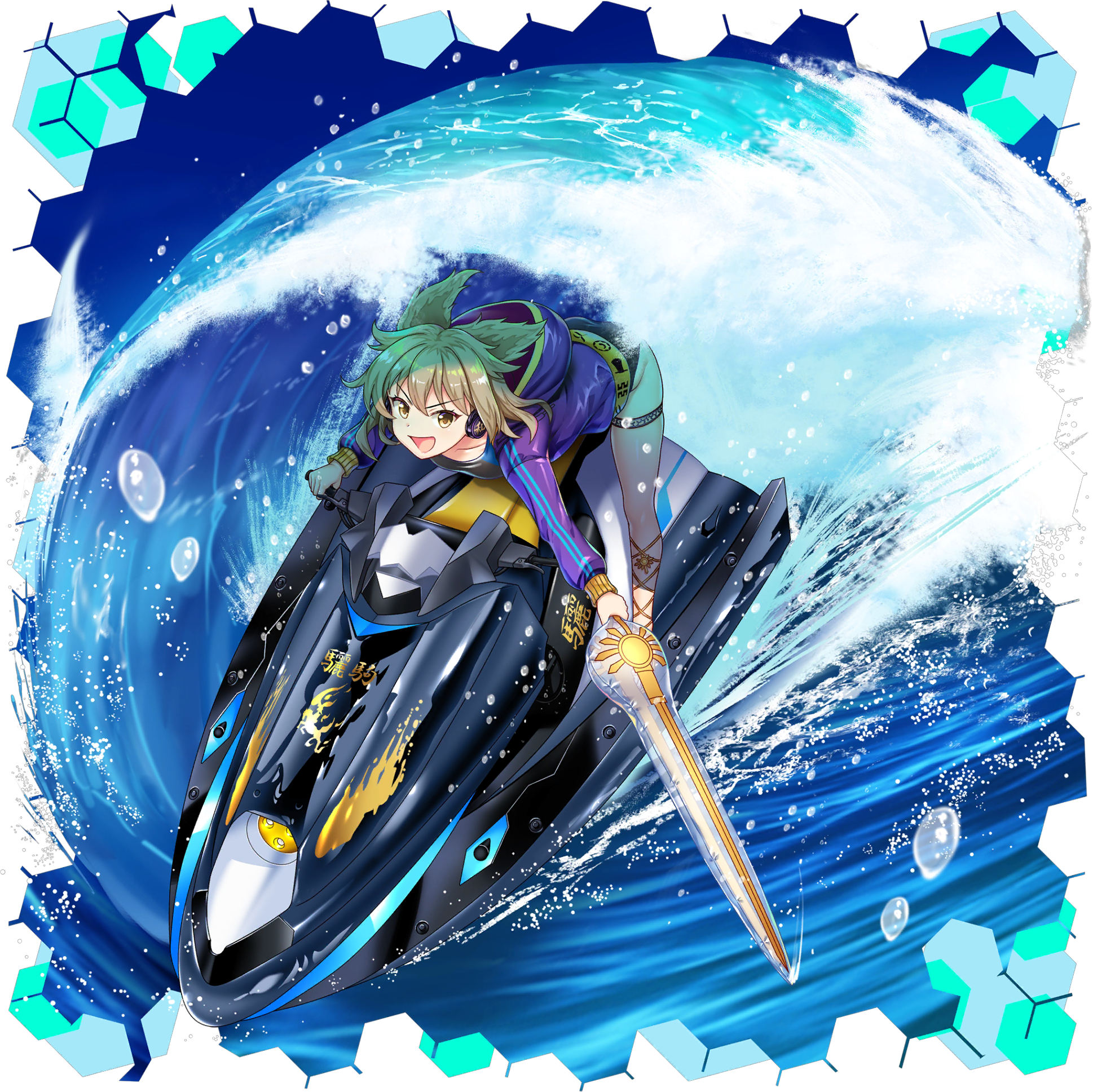 1girl alternate_costume blonde_hair clothing_request collarbone earmuffs game_cg highres holding holding_sword holding_weapon hood hoodie horse_print inflatable_sword jet_ski long_sleeves looking_at_viewer ocean official_art on_jet_ski open_mouth outdoors pointy_hair purple_hoodie rotte_(1109) smile solo sword thigh_strap third-party_source touhou touhou_lostword toyosatomimi_no_miko translation_request transparent_background water watercraft waves weapon yellow_eyes