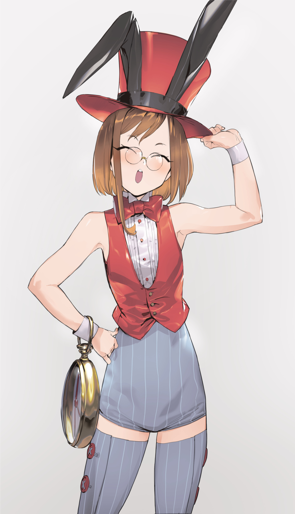 1girl adapted_costume alice_in_wonderland animal_ear_headwear animal_ears asymmetrical_sidelocks bare_shoulders blush bow bowtie brown_hair closed_eyes collared_shirt commentary_request cosplay dantalion_(megido72) facing_viewer fake_animal_ears glasses grey_background grey_thighhighs hand_on_headwear hand_on_own_hip hand_up hat high-waist_shorts highres megido72 nontraditional_playboy_bunny open_mouth oversized_object pince-nez pinstripe_shorts pocket_watch rabbit_ears red_bow red_bowtie red_hat red_vest round_eyewear shirt short_hair short_shorts shorts simple_background solo soosaresu thighhighs top_hat vest watch white_rabbit_(alice_in_wonderland) white_rabbit_(alice_in_wonderland)_(cosplay) white_shirt wrist_cuffs