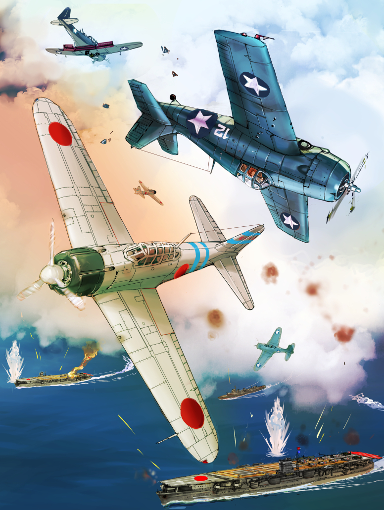 a6m_zero aerial_battle aircraft aircraft_carrier airplane battle dogfight f4f_wildcat fire flight_deck kamisimo_90 military military_vehicle ocean original propeller_fighter sbd_dauntless ship sky united_states_navy vehicle_focus war warship watercraft weapon world_war_ii