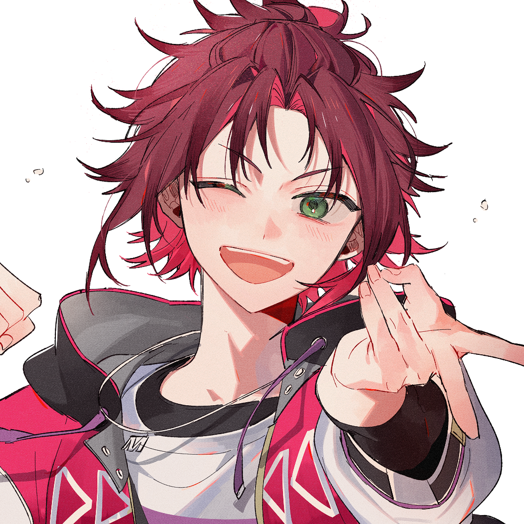 1boy anight ensemble_stars! green_eyes gyaru_v half_updo hood hoodie isara_mao long_sleeves looking_at_viewer male_focus official_alternate_costume one_eye_closed open_mouth parted_bangs pink_hoodie red_eyes short_hair simple_background smile solo teeth upper_body upper_teeth_only v white_background