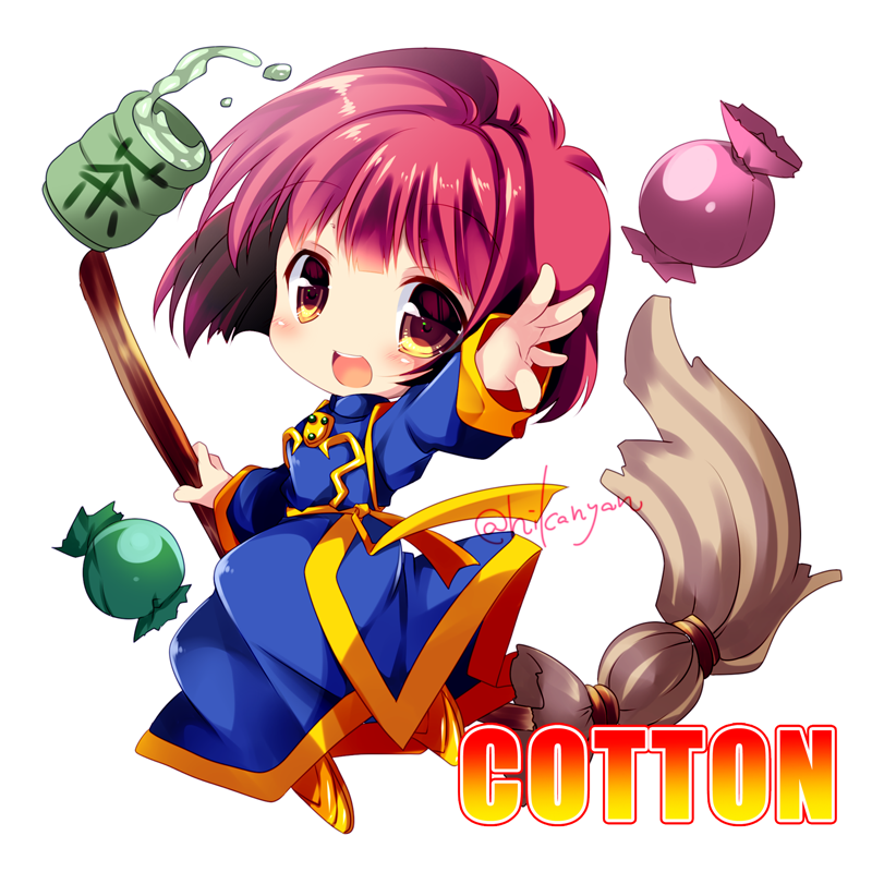 1girl blue_robe bob_cut candy chibi cotton_(character) cotton_(game) cup drink food happy hikanyan holding looking_at_viewer open_mouth red_eyes red_hair robe short_hair simple_background tea teeth tongue white_background witch yunomi