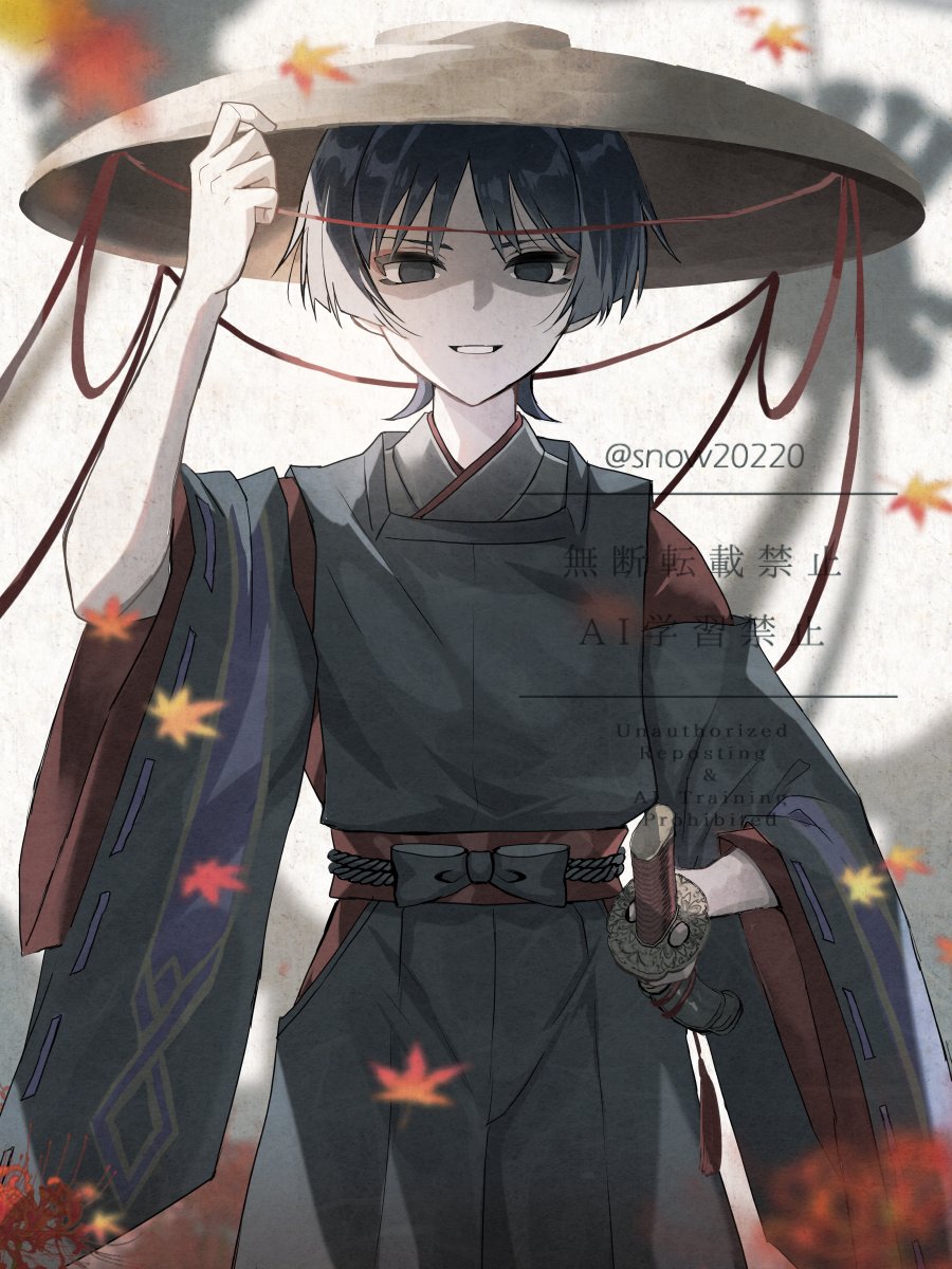 1boy black_bow black_eyes black_hair black_kimono black_pants black_rope black_sleeves blunt_ends bow clothing_cutout empty_eyes eyeliner eyeshadow falling_leaves flower genshin_impact han&#039;eri hand_up hat highres hip_vent holding holding_sheath holding_unworn_clothes holding_unworn_hat ichimegasa japanese_clothes kariginu katana kimono kuronushi_(genshin_impact) layered_kimono layered_sleeves leaf long_sleeves looking_at_viewer makeup male_focus maple_leaf open_mouth pants red_eyeliner red_eyeshadow red_kimono red_sash red_sleeves rope sash scaramouche_(genshin_impact) sheath sheathed shoulder_cutout smile snow20200 solo spider_lily straight-on sword twitter_username unworn_hat unworn_headwear watermark weapon white_mouth wide_sleeves