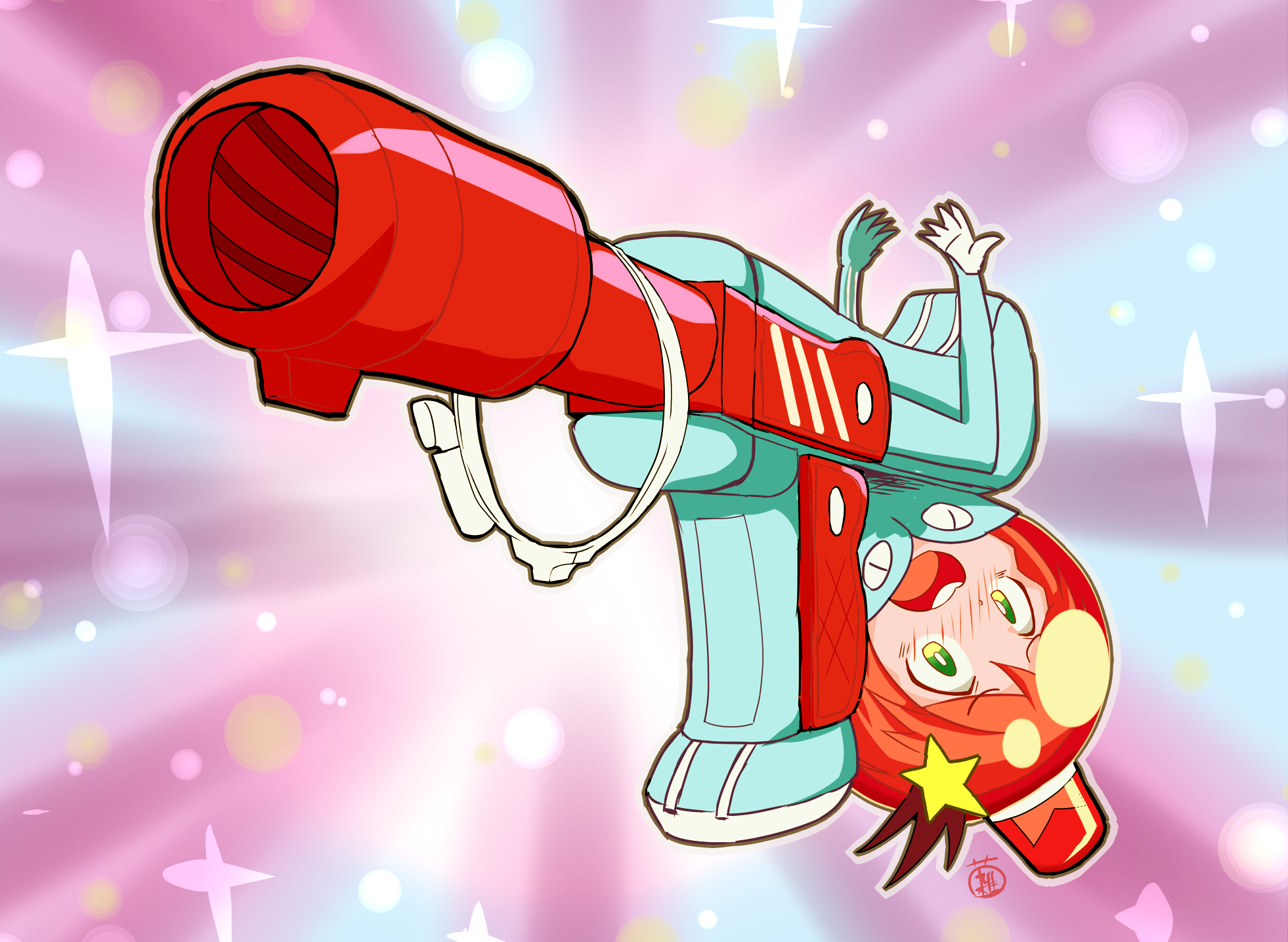 10s 1girl belt bodysuit female_focus hair_ornament helmet highres judgement_gun_morphing luluco side_ponytail signature solo sparkle star_(symbol) star_hair_ornament uchuu_patrol_luluco