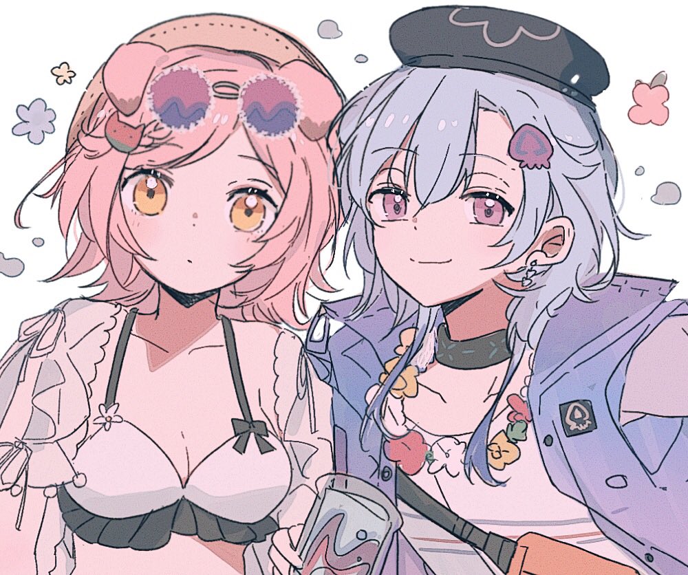 1boy 1girl animal_ears arknights bikini black_headwear blue_hair blue_jacket breasts cat_ears cat_girl cleavage earrings eyewear_on_head floppy_ears goldenglow_(arknights) goldenglow_(summer_flowers)_(arknights) hair_between_eyes hat jacket jewelry mizuki_(arknights) mizuki_(summer_feast)_(arknights) open_clothes open_jacket pink-tinted_eyewear pink_eyes pink_hair seri_(vyrlw) shirt sidelocks simple_background sleeveless sleeveless_jacket small_breasts swimsuit tinted_eyewear trap upper_body white_background white_bikini white_shirt yellow_eyes