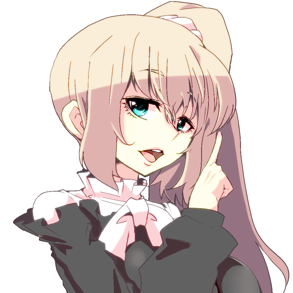 1girl blonde_hair blue_eyes index_finger_raised mahou_shoujo_madoka_magica mahou_shoujo_oriko_magica mengnaidu mikuni_oriko open_mouth portrait side_ponytail solo teeth upper_teeth_only white_background