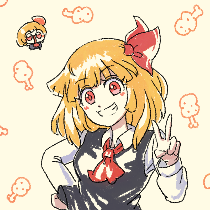 1girl ascot blonde_hair chibi chibi_inset commentary food grin hair_ribbon long_sleeves looking_at_viewer meat numenoko red_ascot red_eyes red_ribbon ribbon rumia short_hair smile tan_tan_pou touhou upper_body v