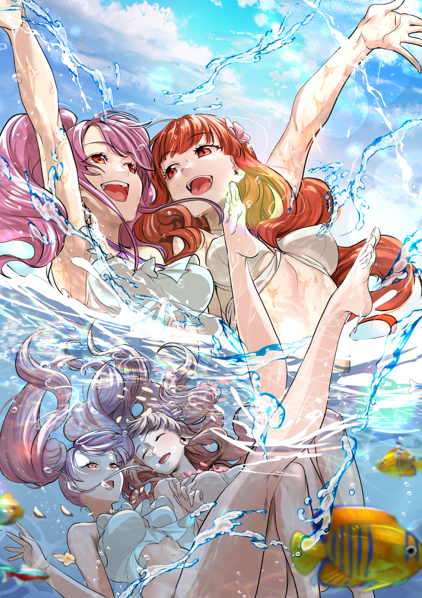 2girls alternate_costume animal armpits bare_legs bikini blue_sky breasts celica_(fire_emblem) celica_(summer)_(fire_emblem) cloud commentary_request commission fire_emblem fire_emblem_echoes:_shadows_of_valentia fire_emblem_heroes fish highres kusu_(moo1225) long_hair mae_(fire_emblem) medium_breasts multiple_girls nintendo ocean official_alternate_costume orange_eyes orange_hair partially_submerged skeb_commission sky smile stomach swimsuit twintails underwater water white_bikini