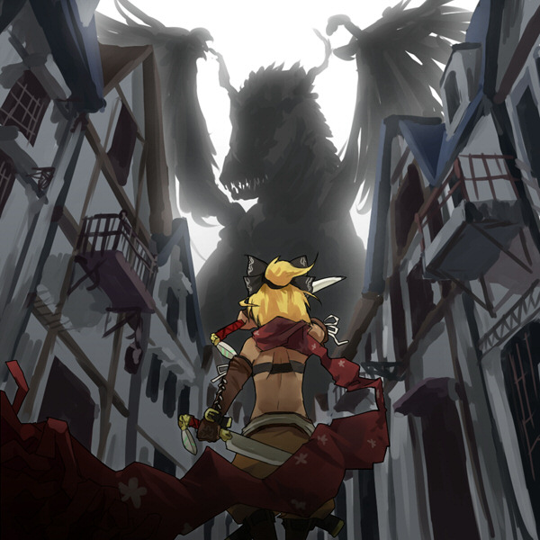 1girl 7th_dragon 7th_dragon_(series) back dark-skinned_female dark_skin dragon fantasy female_focus gregorius_yamada hatch_(7th_dragon) high_ponytail last_stand ponytail rogue_(7th_dragon) scarf solo sword weapon