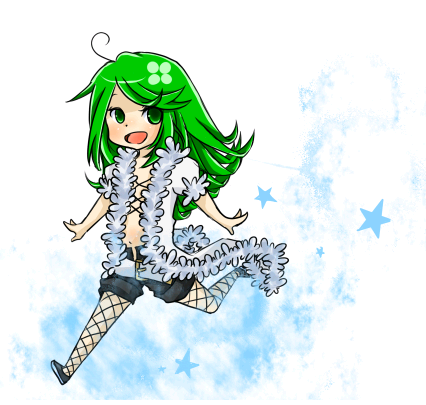 1girl ahoge alternate_color black_pantyhose black_shorts blush chibi chibi_only coat commentary_request cross-laced_clothes cross-laced_top fishnet_pantyhose fishnets full_body fur-trimmed_coat fur_trim green_eyes green_hair long_hair looking_at_viewer lowres meiko_(nattu303) navel open_clothes open_coat open_fly open_mouth pantyhose ragnarok_online rogue_(ragnarok_online) running short_shorts short_sleeves shorts smile solo white_background white_coat