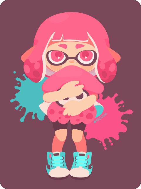 1girl bare_arms black_shorts blue_shoes blunt_bangs blush_stickers brown_background covered_mouth fashion full_body holding holding_stuffed_toy hugging_object inkling inkling_girl inkling_player_character looking_at_viewer nintendo paint_splatter pink_eyes pink_hair pointy_ears rizu_(rizunm) shirt shoes short_hair shorts simple_background sneakers solo splatoon_(series) straight-on stuffed_squid stuffed_toy tentacle_hair twitter_username white_shirt