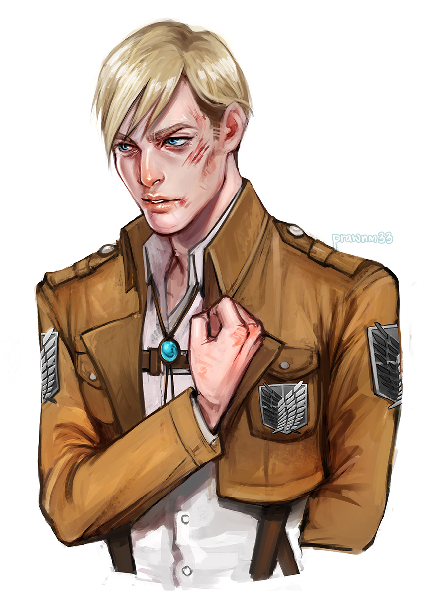1boy aqua_gemstone arm_behind_back blonde_hair blood blood_on_face blue_eyes bolo_tie breast_pocket brown_hair brown_jacket bruise bruise_on_face chest_harness clenched_hand collared_shirt commentary cropped_jacket cropped_torso dress_shirt english_commentary erwin_smith gem hand_on_own_chest harness highres injury jacket lapels layered_sleeves long_sleeves looking_to_the_side male_focus mistermagnolia multicolored_hair parted_lips pocket shingeki_no_kyojin shirt sideburns sideways_glance simple_background solo suspenders teeth thick_eyebrows two-tone_hair white_background white_shirt wing_collar