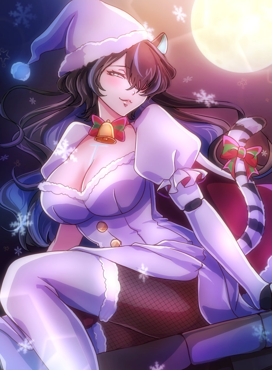 1girl animal_ears bell body_markings bow bowtie breasts cleavage commission dress ears_through_headwear erina_makina fishnet_pantyhose fishnets full_moon fur-trimmed_dress fur-trimmed_thighhighs fur_trim green_bow grey_eyes hair_over_one_eye hat highres large_breasts long_hair mechanical_arms moon multicolored_hair neck_bell pantyhose phase_connect pom_pom_(clothes) purple_hair red_bow red_bowtie santa_hat second-party_source single_mechanical_arm sitting skeb_commission snowflakes solo star_(symbol) streaked_hair tail tail_bow tail_ornament thighhighs thighhighs_over_pantyhose tiger_ears tiger_girl tiger_tail tsubaki_pbwfa two-tone_bow virtual_youtuber white_dress white_hat white_thighhighs